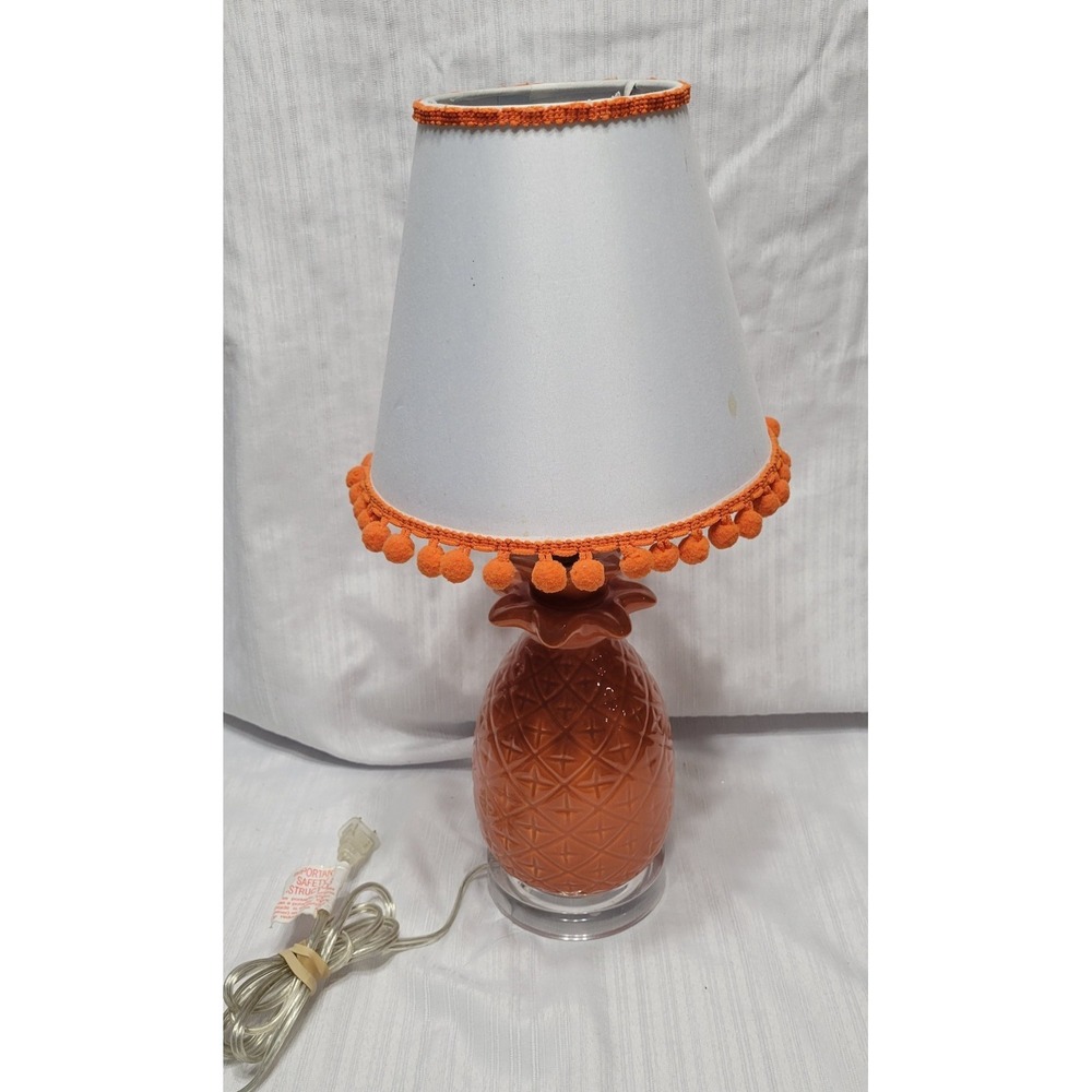 Vintage 70s Look Orange Pineapple Table Lamp with Shade Ceramic Glossy Finish